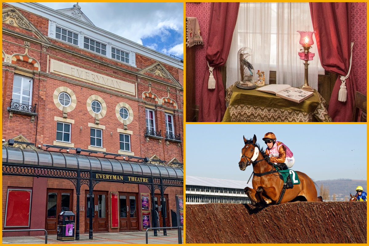 A collage of Everyman Theatre, Holst Victorian House, Cheltenham Racecourse horse jumping